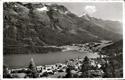 St. Moritz (1800 m) — vista desde o Piz Rosatsch e o Piz Corvatsch — editor Vérand Otto Furrer, Davos-Platz, n° 23-109