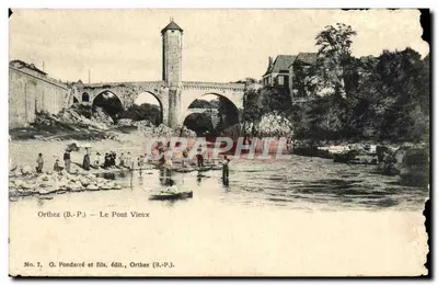 Bilhete postal antigo Orthez O Velho Ponte Lavandières