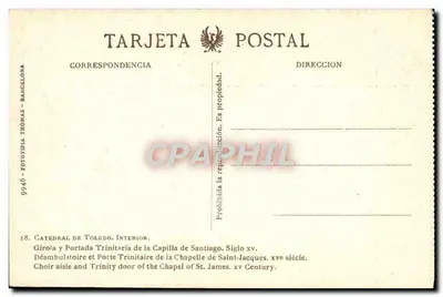 Katedra w Toledo — Wewnętrzny widok — Girola i drzwi trinity kaplicy św. Jakuba, wiek XV — Fototypia Thomas, nr 9946 — Rewers