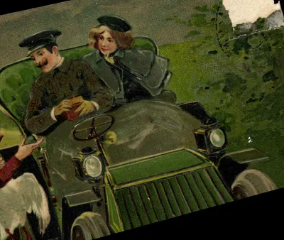 Conduite d'une voiture ancienne — deux passagers en tenue d'époque — éditeur F.A.T. SÉRIE 5999