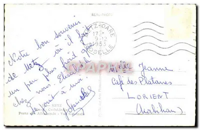 Metz — Vue de la gare, cathédrale, porte des Allemands et panorama — Éditeur : REAL-PHOTO — Reverso