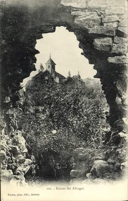 Ruínas das Allinges — vista através de uma abertura rochosa — Pititier, fot.-edit., Annecy, n°102