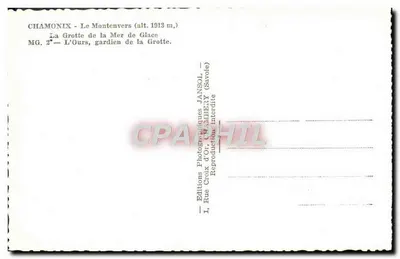 Chamonix - Montenvers (wys. 1913 m.) — Góra lodowa Morza Lodowego — Lódź, strażnik Góry Lodowej — wydawnictwo fotograficzne IANSOL — Rewers