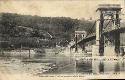 Bilhete postal antigo Givors O Ponte Suspensa Sobre O Ródano