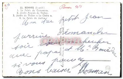 Rennes — Cztery widoki: Pałac Handlowy, Angielski Ogród Thabor, Ogród Thabor, Pałac Sprawiedliwości — Wydawnictwo Glob, Paryż — Rewers
