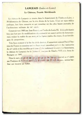 Château de Langeais — Façade Méridionale — Éditeur impr. sur la carte — Verso