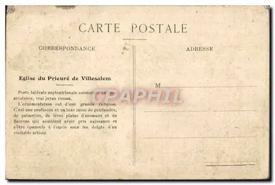 Église du Prieuré de Villesalem — façade romane avec portes latérales ornées — éditeur A. M. L. B. (imprimé sur la carte) — Achterkant