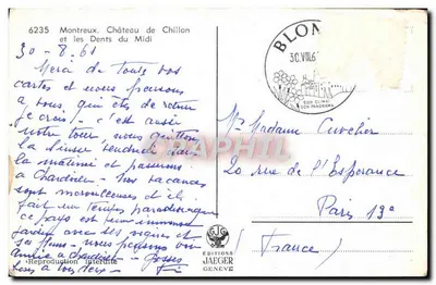 Nowoczesna pocztówka Montreux Zamek Chillon i Zęby Środkowego Południa Cyganie — Rewers