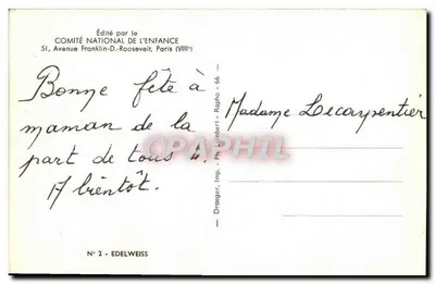 Edelweiss — flores brancas sobre rocha — Editado pelo COMITÉ NATIONAL DE L'ENFANCE, N° 2 — Verso
