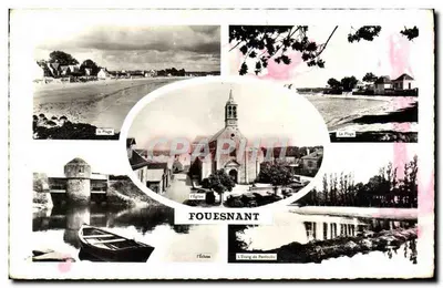 Fouesnant — vista panorâmica com igreja, praia e lago — Edições Artaud-Fère, Nantes