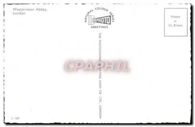 Westminster Abbey, Londyn — widok fasady z wieżami i czerwonym autobusem — seria Natural Colour, CP PHOTO GREETINGS — Rewers