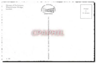 Casas do Parlamento, Ponte de Westminster — vista do rio Tâmisa — The Photographic Greeting Card Co. Ltd., Londres, n° L 170 — Verso
