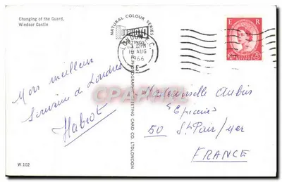 Zmiana straży, Zamek w Windsorze — seria Natural Colour, W.102 — Photographic Greetings Card Co. Ltd, Londyn — Rewers