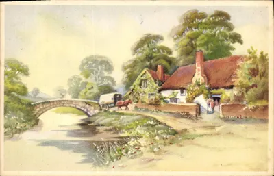 Paisagem rural com ponte e casa — ilustração — editor desconhecido
