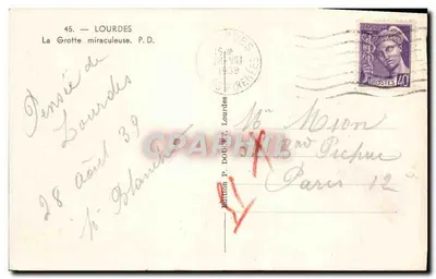 Lourdes — Jaskinia cudowna — Wydawnictwo P. Douvet, Lourdes, nr 45 — Rewers
