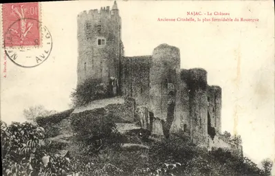 Bilhete postal antigo Najac — O Castelo — Antiga cidadela a mais formidável de Rouergue