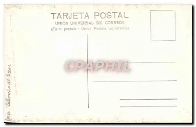 Crucificação — estátua de Jesus Cristo no centro, Maria e São João ao lado — editor Union Universal de Correos — Verso