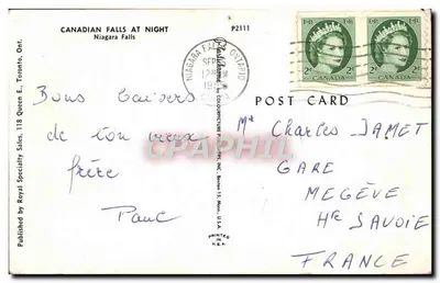 Cascate del Niagara — Cascate Canadesi di Notte — Pubblicato da Royal Specialty Sales, 118 Queen E., Toronto, Ont. — P2111 — Verso