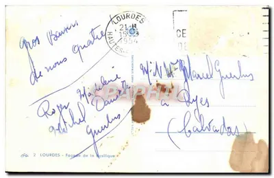 Lourdes — Facha da Basílica — Bilhete postal antigo n°2 — Verso