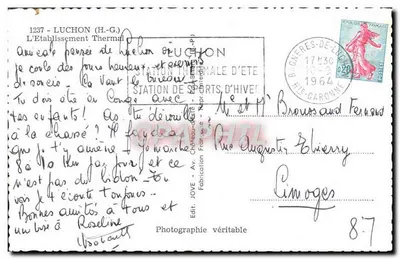 Zakład termalny w Luchon — Letnia stacja termalna — Wydawca JOVE, Av. Château, Luchon — Rewers