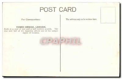 Tower Bridge, Londyn — widok z podniesionym mostem — wydawca nieznany — Rewers
