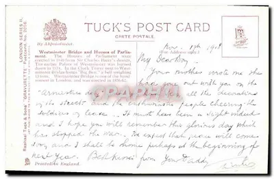 The Terrace, Houses of Parliament, Londres — visão com o Big Ben — Tuck's Post Card, série II, n°2056 — Verso