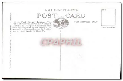 Hyde Park Corner, Londyn — widok panoramiczny z pomnikiem Wellingtona i pomnikiem żołnierzy artylerii — Valentine's Postcards nr 98642 — Rewers