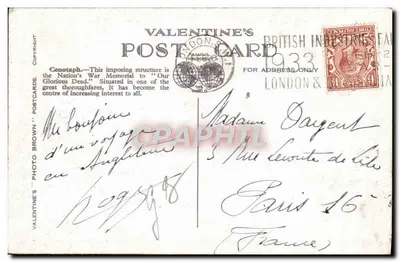 Cenotaph & Whitehall, Londyn — Valentine's Postcards, nr 209370 — Rewers