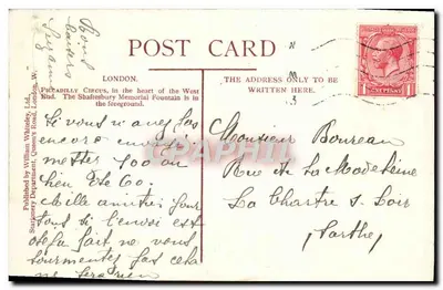 Piccadilly Circus, Londres — visão da fonte Shaftesbury — editado por William Whitley, Dept. Stationery, Londres — Verso