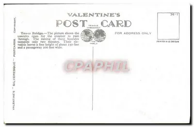 Most Tower w Londynie — widok z otwartymi mostami — Valentine's Postcards n°43871 — Rewers
