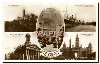 Glasgow — vista panorâmica com os locais emblemáticos: universidade, galerias, prince's dock, royal exchange, george square — editor não identificado, n° de série 13