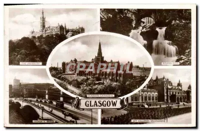 Glasgow — vista panorâmica com universidade, catedral, cascata de Queen's Glen, ponte George V e galerias de arte Kelvingrove — editor Excel Series, n° 13 B