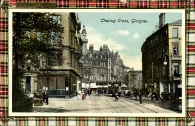 Charing Cross, Glasgow — vista de rua com bondinho e correio — Stewart Dress