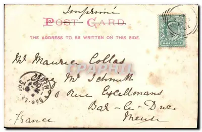 Cobo, Guernsey — vue de la route et du château sur colline — éditeur Imp. C. P. G. (imprimé sur la carte) — Verso