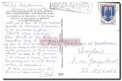 Nowoczesna pocztówka Roquebrune Cap Martin Quartale Massolin i Bon Voyage — Rewers