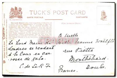 Lord Mayor Londynu — procesja — Tuck's Post Card nr 9456 — Rewers