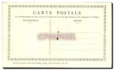 Cena de floresta — Dois personagens em traje da época — Cartões postais Chocolat-Vinay, Série VIII, N° 16 — Verso