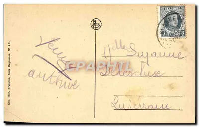 Mulheres e criança diante de uma cabine de banho com rodas — A minute antes do banho. — Em. Thill, Bruxelas, Série Baigneuses, No 28. — Verso