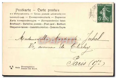 Mulher em vestido com estampas segurando um buquê — Desejos de Felicidade para sua festa — A. S. Série Blumenpoesien W. Poesias das flores — Verso