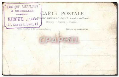 Antieke ansichtkaart Fantasie Kind Poppen Fabriek van paraplu's Paraplu's Rue de la Paix Ricoul labal — Achterkant