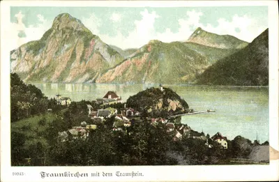 Traunkirchen com o Traunstein — vista lacustre com montanhas — editor desconhecido, n° 10943