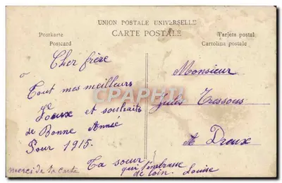 Joven mujer con ramo de flores y regalos — Feliz Año — editor R, n° 3692 — Reverso