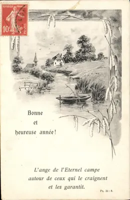 Paisagem fluvial com barco — carta de boas-vindas — République Française, selo 10c
