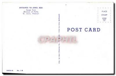 Entrada para Jewel Box — Forest Park — St. Louis, Missouri — Pub. by Hart Printing Co. St. Louis — Verso