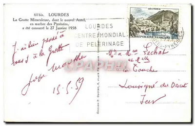 Grotta Miraculeuse w Lourdes — Ołtarz święcony 27 stycznia 1958 — Wydawnictwo P. Doucet, Ed Lux — Rewers