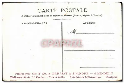 Femme en robe antique — scène de forêt — éditeur : Pharmacie des 2 Cours BERRIAT & St-ANDRÉ — Grenoble — Verso