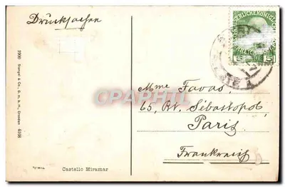 Castello Miramar — widok zamku nad morzem — Stimpel & Co., Dresden, nr 4108 — Rewers