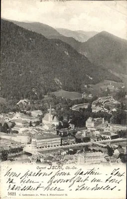 Curort Ischl, Ob.-Oe. — vista aérea do vilarejo e das montanhas — C. Ledermann jr., Wien I. Fleischmarkt 12, n° 5621