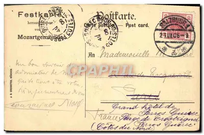 Stara pocztówka Salzburg 1906 Mozart — Rewers