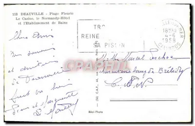 Tarjeta postal moderna Playa de Deauville Fleurie El Casino y el Hotel Normandy y la instalación de Baños — Reverso